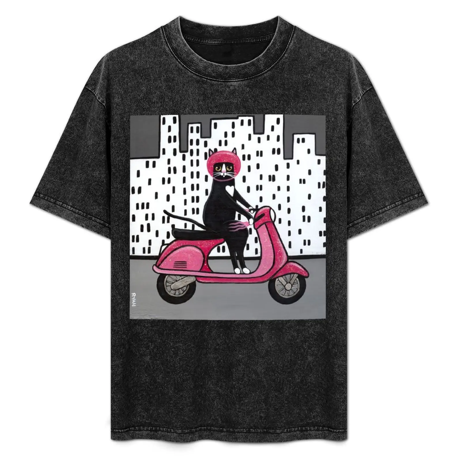 

Tuxedo Cat on a Moped T-Shirt Basic Simple Casual Short Sleeve Tee