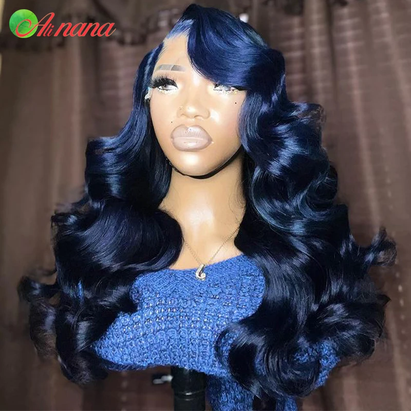 13x6 peruca dianteira do laço destaques ombre azul real colorido pré-arrancado com o cabelo do bebê remy onda do corpo peruca de cabelo humano para preto