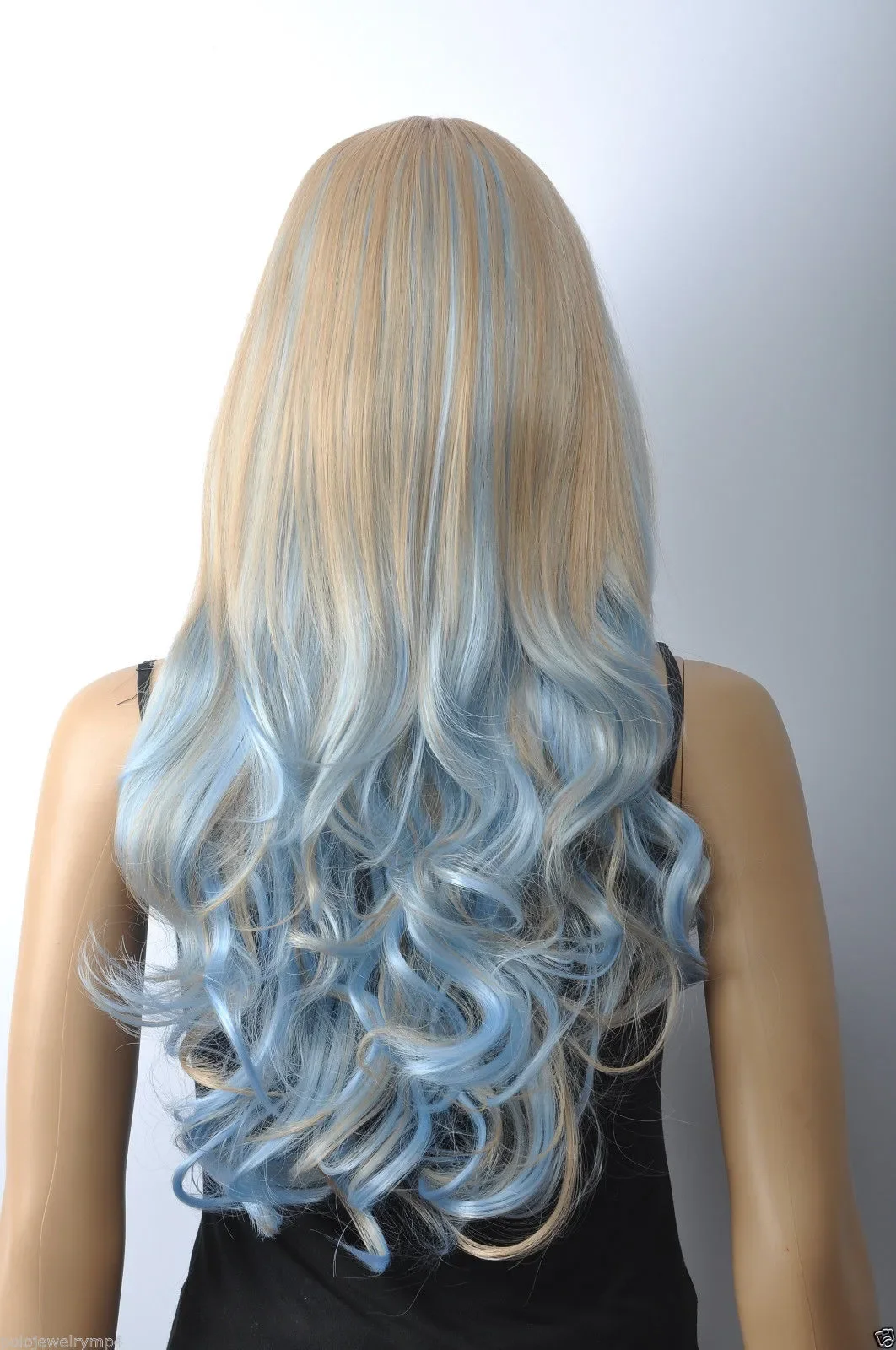 Wholesale  Women Cosplay Sky Blue Blonde Mix Long Wigs Curly Wig With Bangs