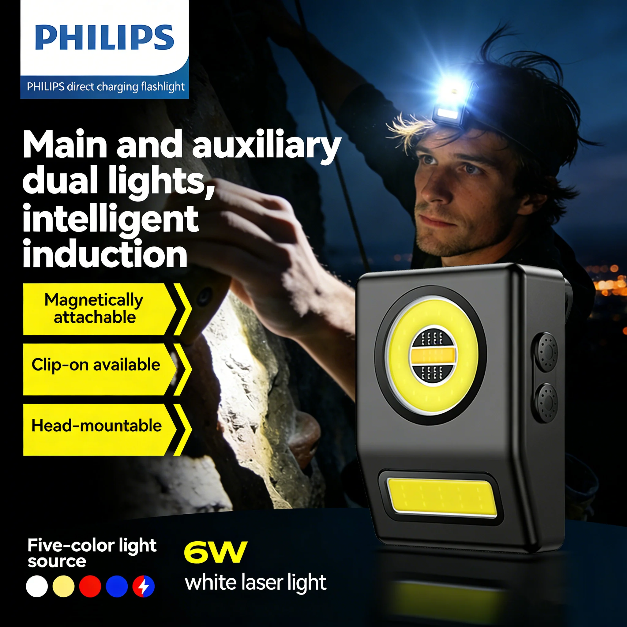PHILIPS Smart Induction Headlamp 6W 5‑Color Source Magnetic Clip‑on Head‑Mount Flashlight Outdoor Camping Working Torch