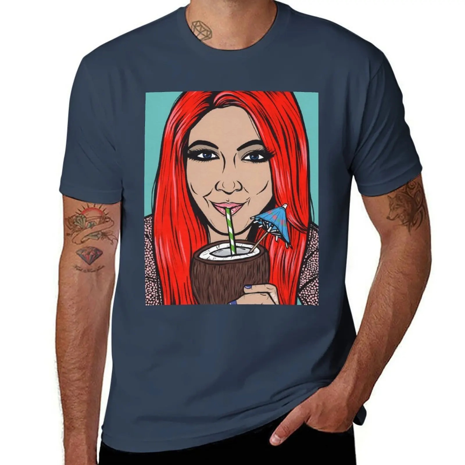 Red Head Comic Girl Drinking T-Shirt t shirts for man pack white printed t shirts for man T-Shirt