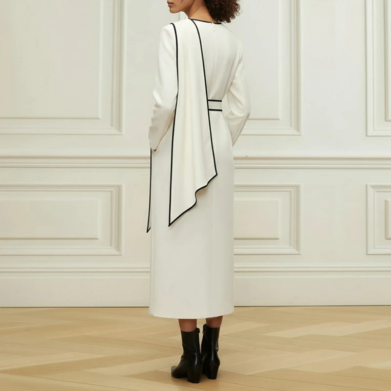 فستان Modigirl امرأة أنيقة بيضاء طويلة الأكمام ميدي مع ربطة عنق سوداء 2026 ضيف حفل زفاف وصيفة العروس فستان رسمي أنيق #2