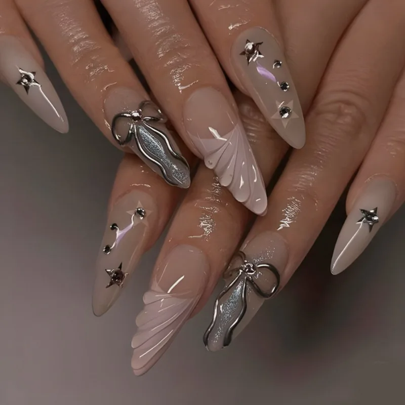 24 قطعة من الأظافر الصناعية مع حواف مسحوقة على شكل نجمة جل بالتنقيط مسحوق مرآة ثلاثية الأبعاد وتصميم القوس أطراف أظافر مناسبة للفتيات