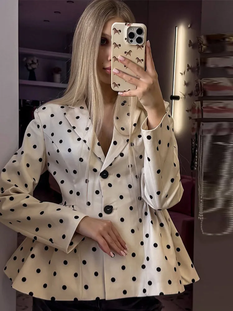 Gepunktete Taillenbetonte Mäntel für Damen Eleganter Revers Langarm Einreihiger Plissierter Schlanker Blazer Schicke Büro-Damen Neue Oberbekleidung – Detail 8