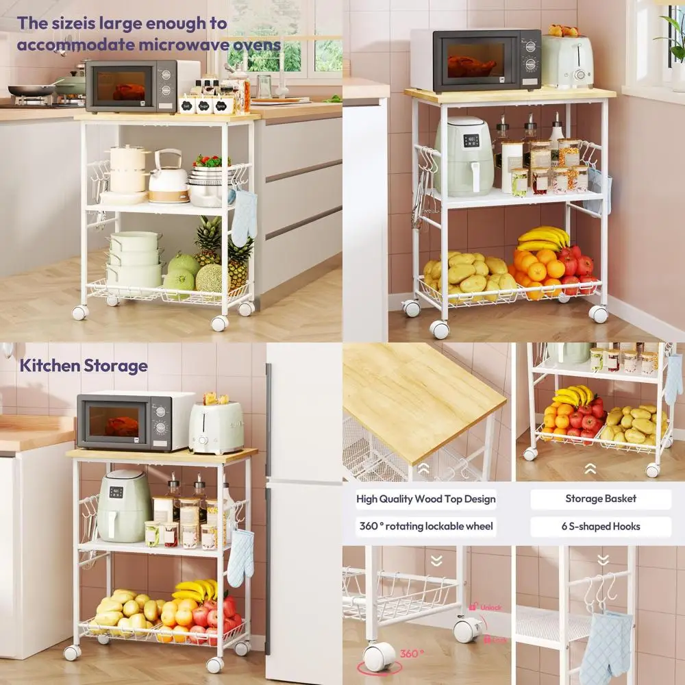 

Трехуровневая тележка для микроволновой печи с корзиной для хранения и крючками — передвижная кухонная подставка для кофе, гостиной, офиса или балкона