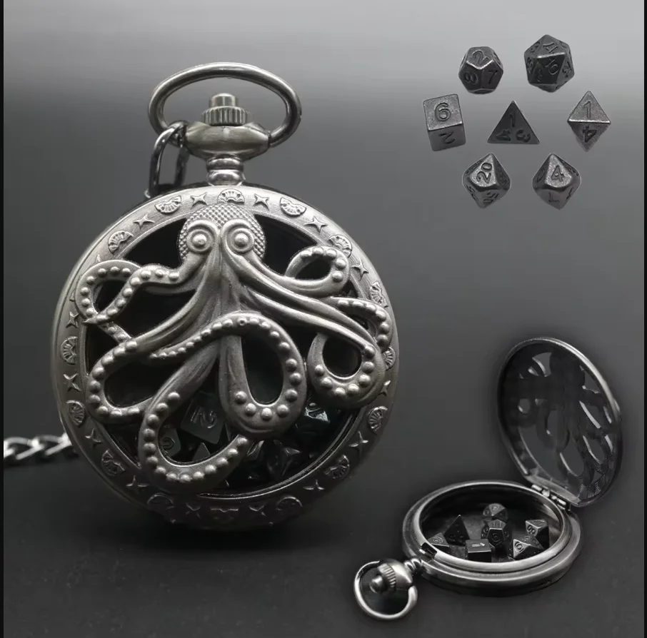 Hollow Pocket Watch Dice set Dragon Dice Pocket Watch Case for Gifts DND Dice Case with Mini Metal Dice Set Pocket Watch shell