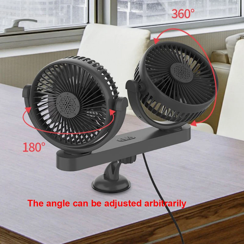 12V/24V Dual Head Car Fan, Electric Vehicle Cooling Fan, 3 Speed Adjustable Fan USB Powered, 360° Rotating Air Circulation Fan