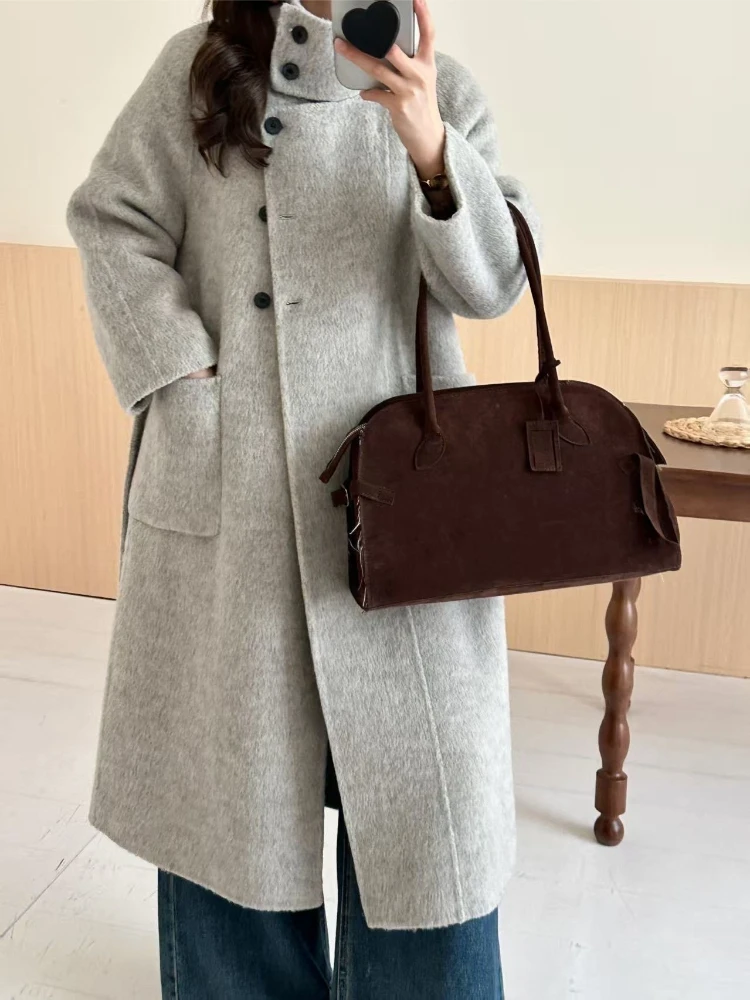 

Женское элегантное длинное шерстяное пальто, повседневное пальто с воротником-стойкой на шнуровке, пальто высокого качества, 2026, зимнее двубортное шерстяное пальто макси