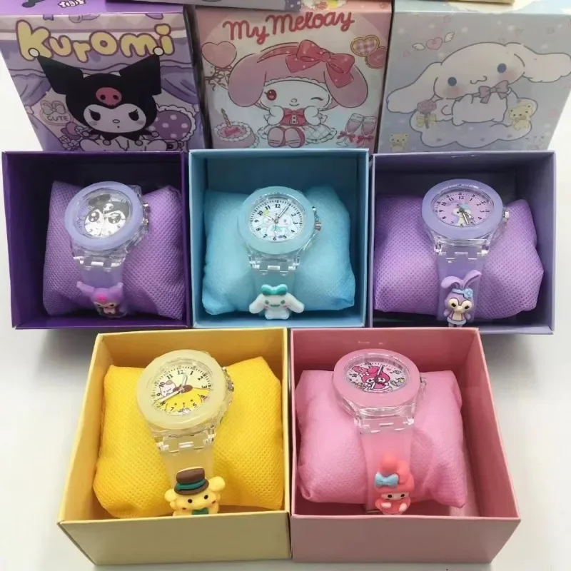 New Sanrio Waterproof Glowing Watches Kawaii Cartoon Hello Kitty Melody Kuromi Cinnamoroll Silicone Watch Cute Anime Kids Gifts