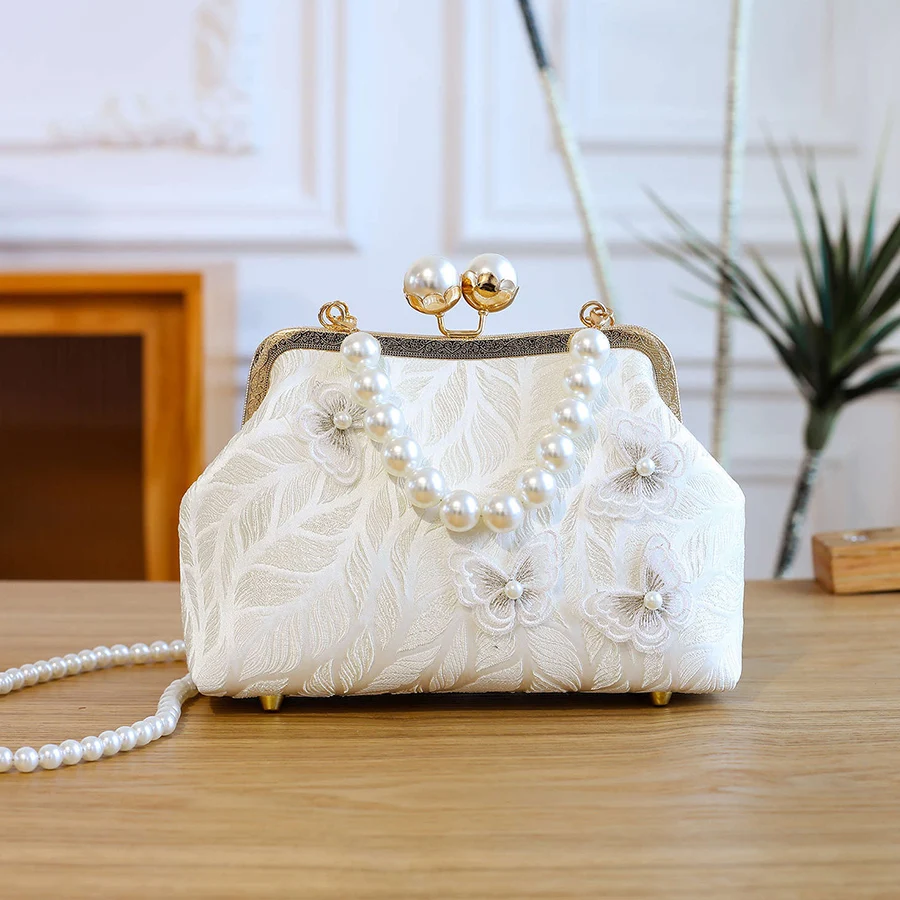 Borse a tracolla da sera eleganti con farfalla in pizzo per donna Borsa a tracolla con catena di perle con clip Borsa a mano casual con conchiglia femminile Bolsa
