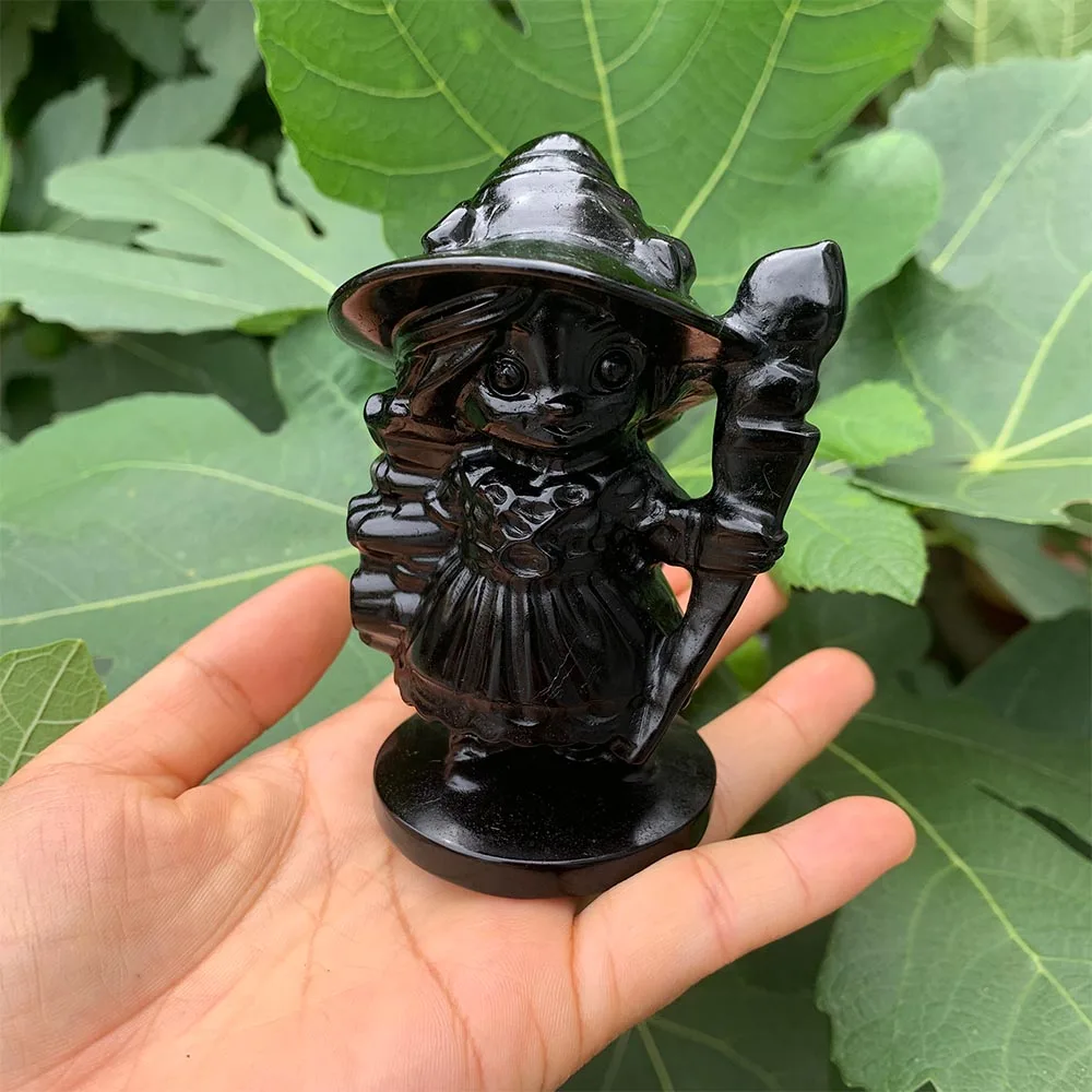 Natural Black Obsidian Witch Girl Statue Hand Carved Crystal Figurine Wiccan Altar Ornament Spiritual Protection Home Decor Gift