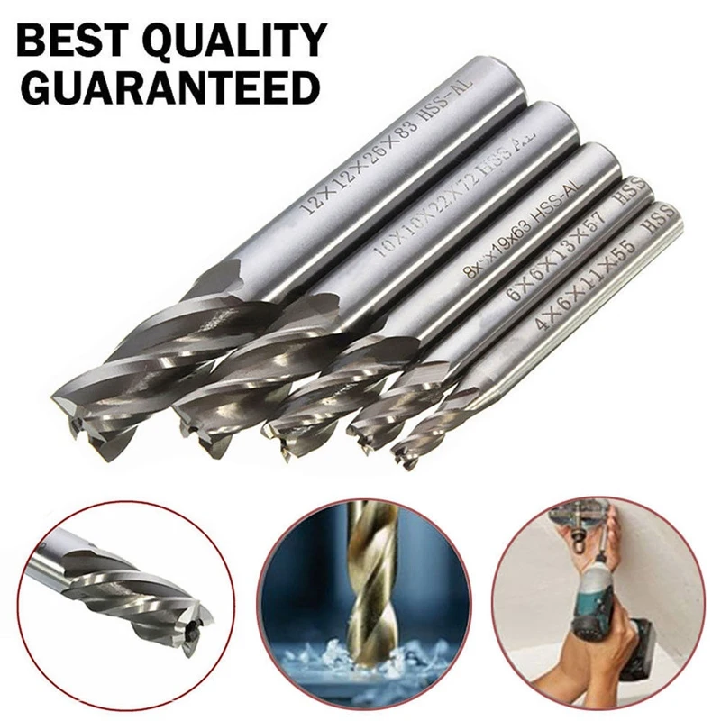 5Pcs/Set Straight Shank End Mill Cutter 4 Flute Hss Drill Bit 4/6/8/10/12Mm For Cnc Milling Tool