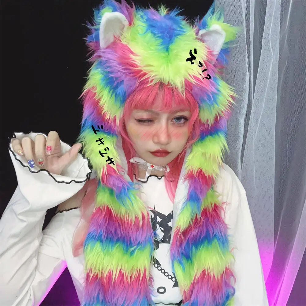 Y2K Millennial Hottie Japanese Harajuku Rainbow Fur Faux Fur Hooded Cat Ear Scarf Scarf Gloves Chapeus Feminino Gorros Invierno