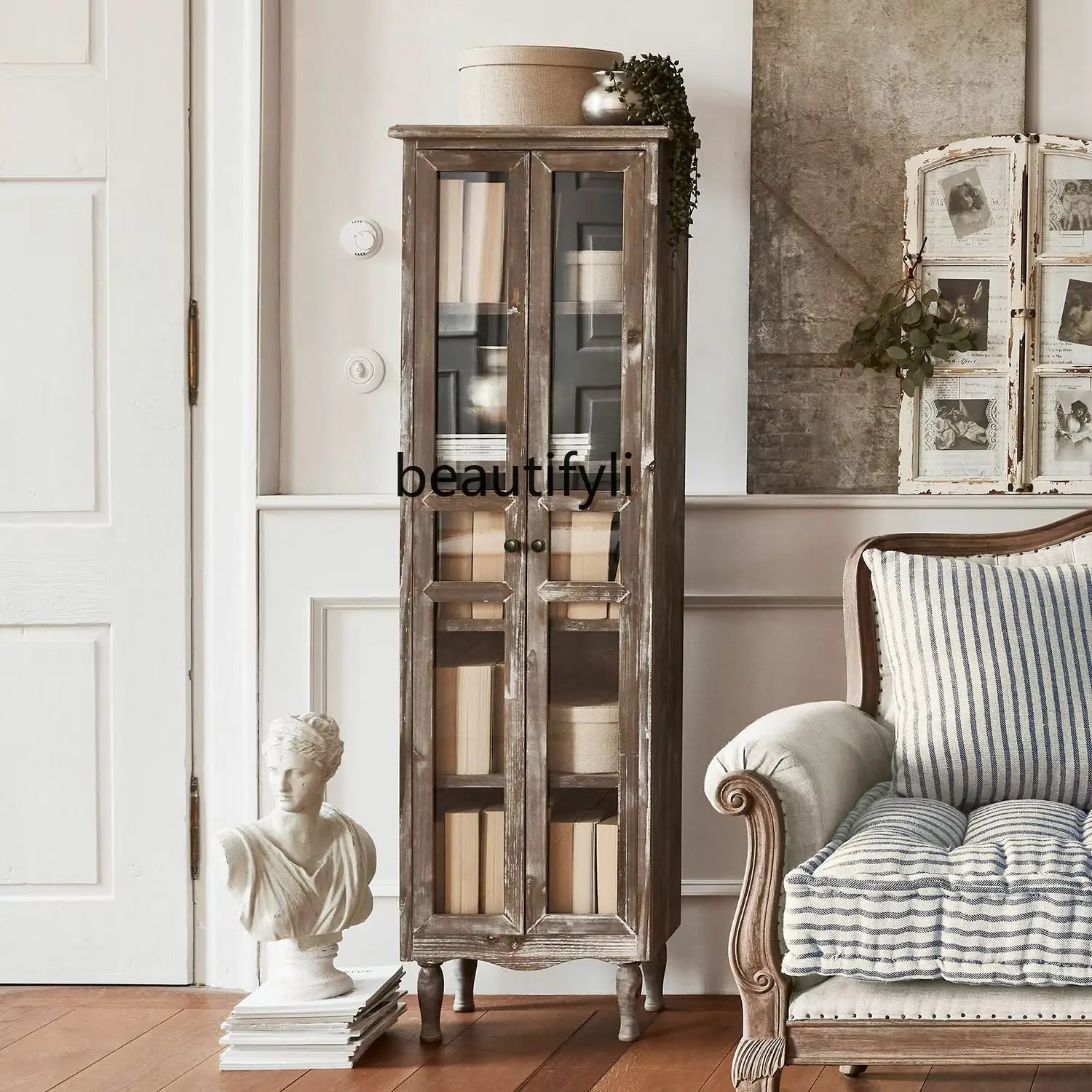 

Solid wood narrow bookcase glass door display cabinet, old double door vertical cabinet