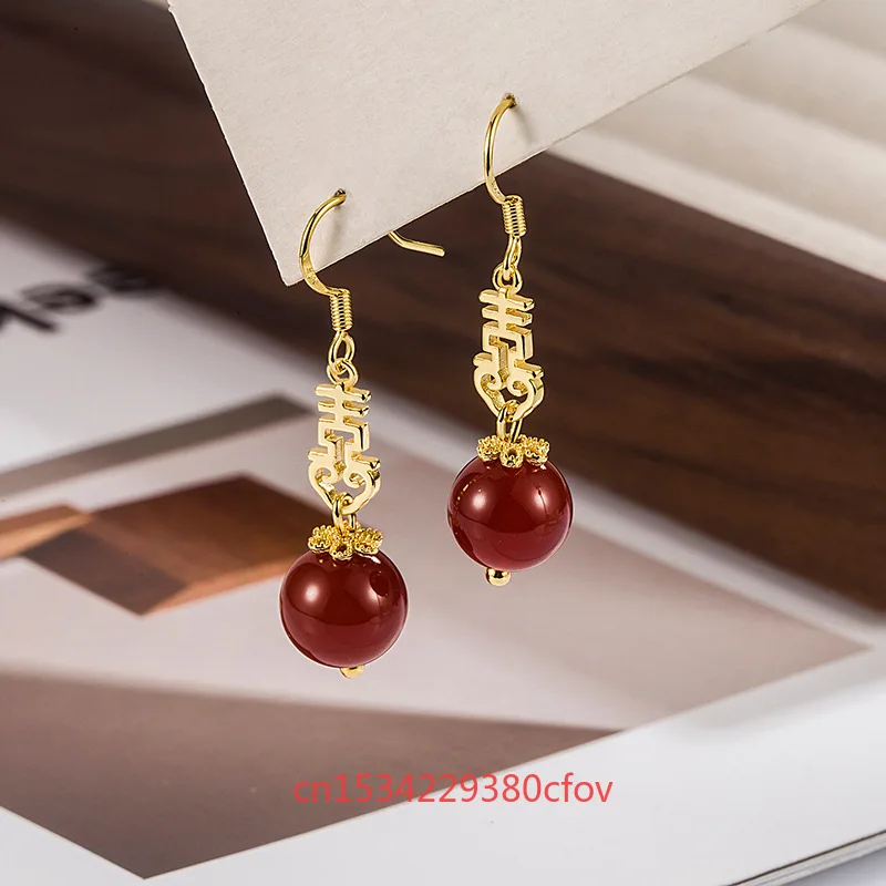 Natural Red Agate Gourd Earrings Ring Bead Charm Jewellery Fashion Chinese Style Accessories Hand-Carved Man Woman Amulet Gifts