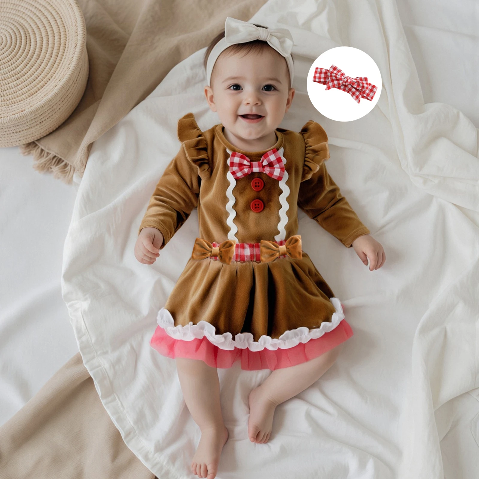 

Милая рождественская одежда для маленьких девочек, комбинезон с длинными рукавами и пряничным человечком, платье с бантом, повязка на голову, комплекты из 2 предметов, От 0 до 18 месяцев