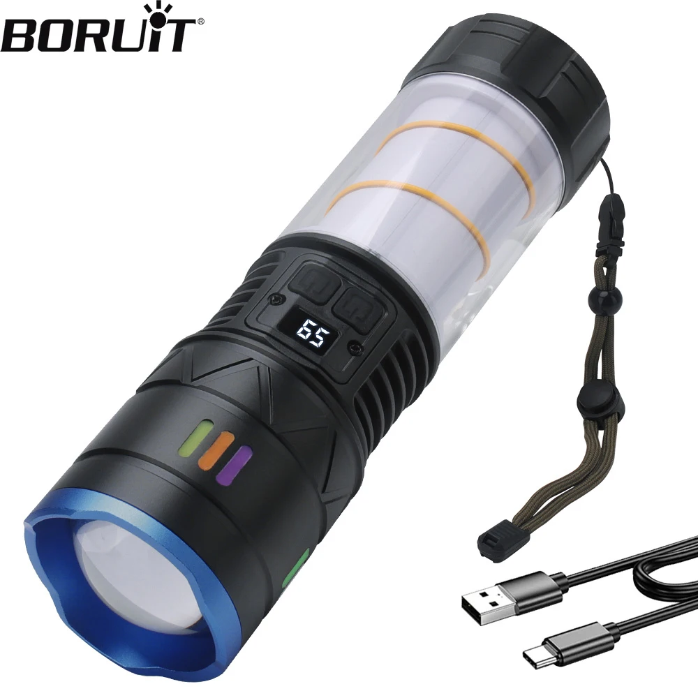 Boruit-Super Bright Lanterna de Longo Alcance, Luz de Inundação, Lanterna de Acampamento, Tipo C, Tocha Zoom Recarregável, Spotlight, 1000LM, 20W, 360 °