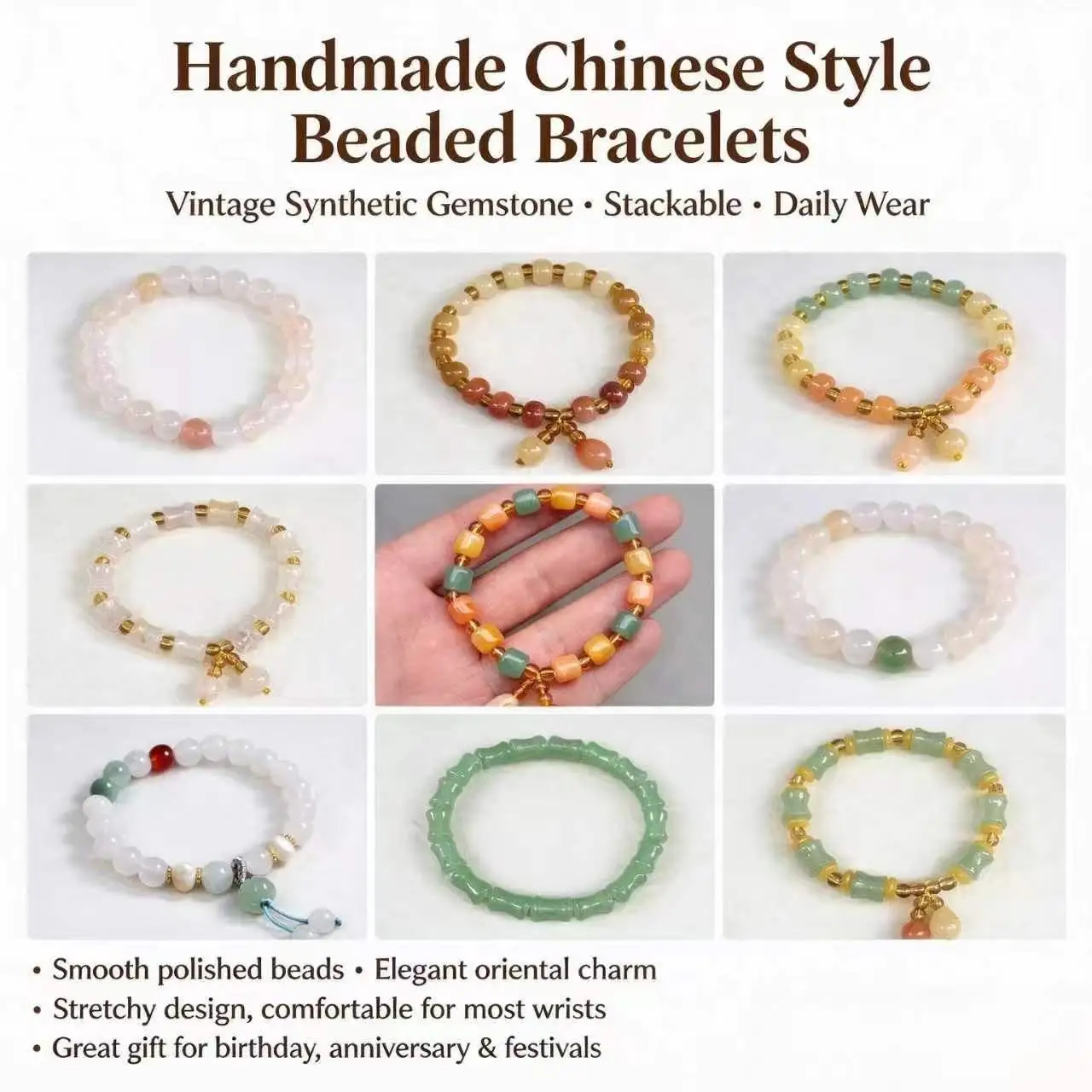 Handmade Stone Beaded Bracelet for Women Vintage Oriental Stretch Bracelet Bamboo Gourd Round Bead Jewelry Gift for Her