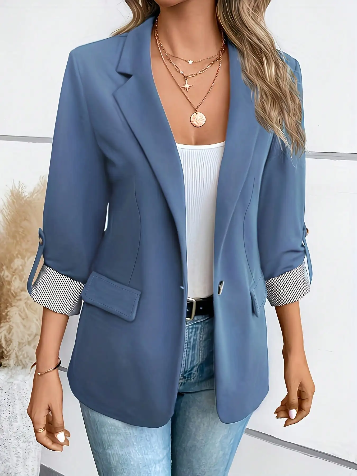 

Women's Solid Blue Open Front Blazer with Roll-Up Sleeves, Elegant Lapel for Business Casual & Office Wear