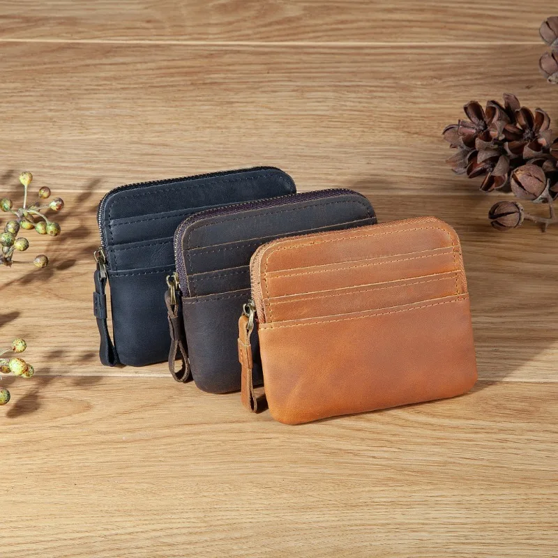 Hot Sale Genuine Leather Zipper Card Holder, Slim Wallet with Coin Pocket Multi Card Slots Wallet, Retro Card Case for Men Women