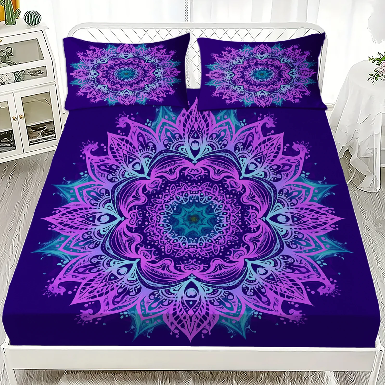 

3 шт. фиолетовый комплект простыней в богемном стиле с принтом мандалы, полиэстер, дышащий комплект постельного белья для домашнего декора с 2 наволочками