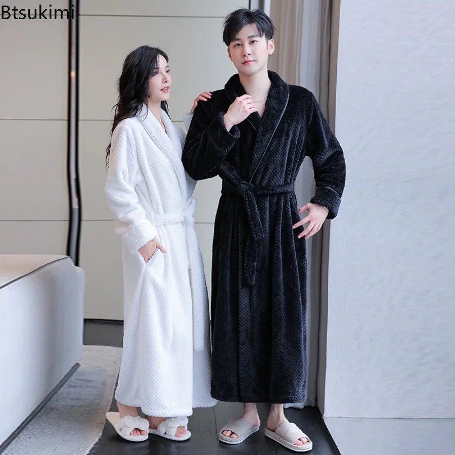 Autumn and Winter Thick Flannel Couple Pajamas Nightgown Bath Robe Kimono Bathrobe Fleece Loungewear Sleepwear Warm Robes Belts