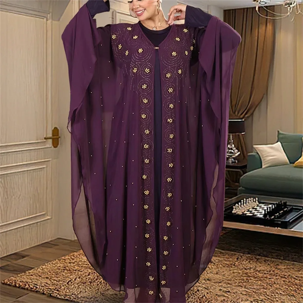 2025 New Muslim Robes Ladies Abaya African Dresses for Women Summer Chiffon Pearl Long Maxi Dress Traditional Clothing Plus Size