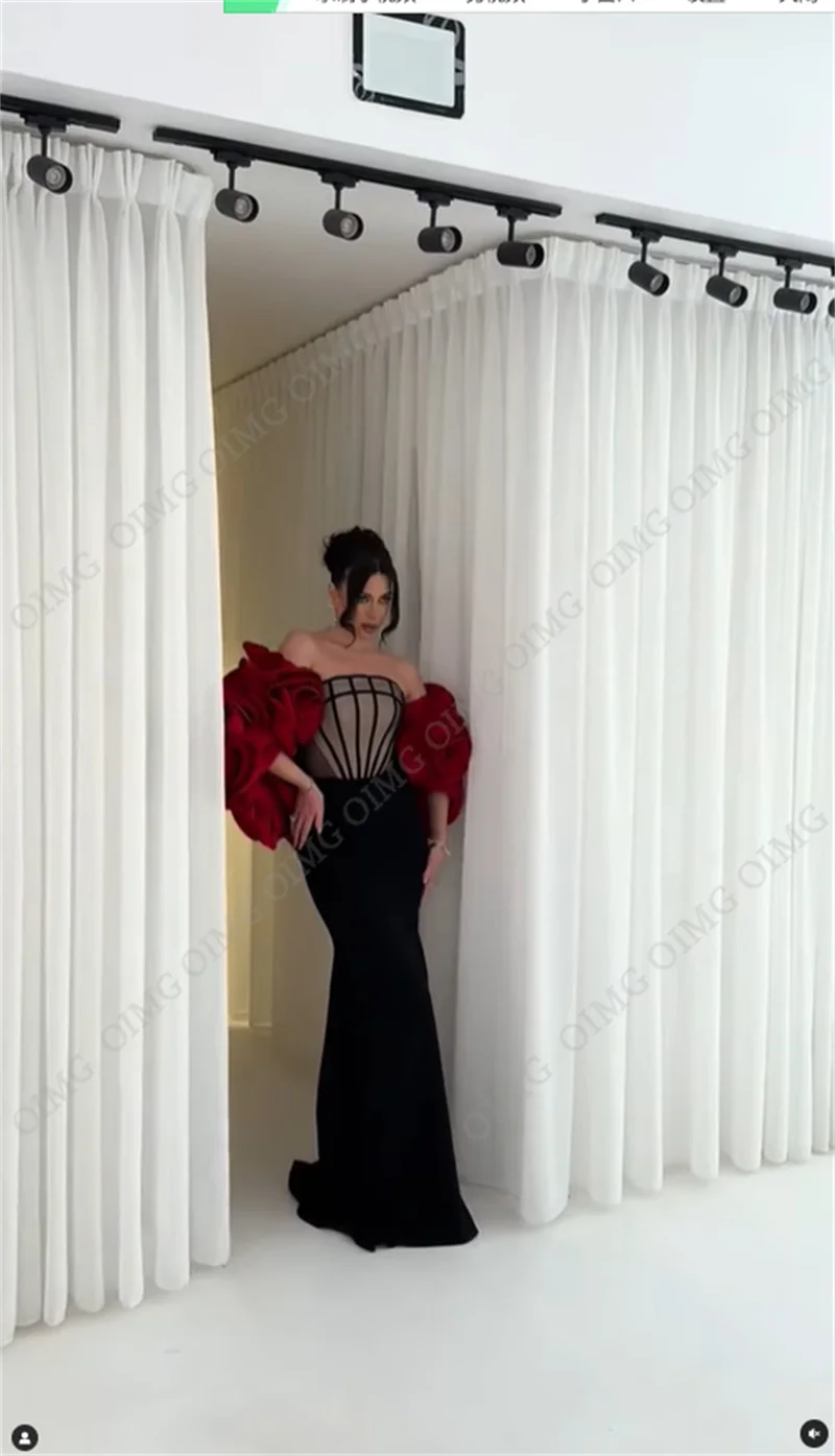 OIMG Red Strapless Evening Elegant Vintage Classic Black Flowers Cape Sleeves Formal Occasion Prom Dresses Party Evening Gowns