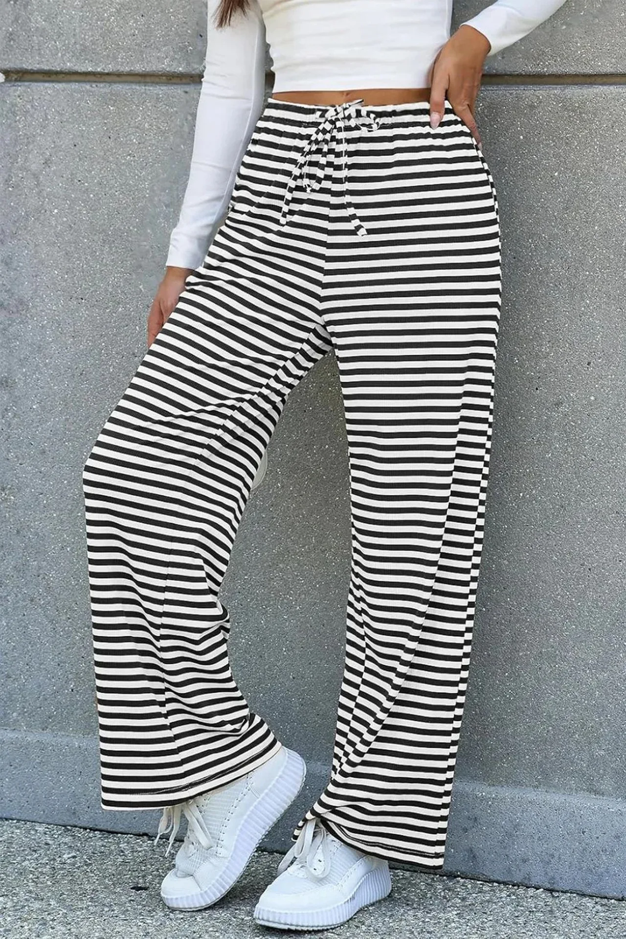 

Женские повседневные широкие брюки в полоску с высокой талией и шнурком, свободные брюки-джоггеры в уличном стиле, мягкие, 2026