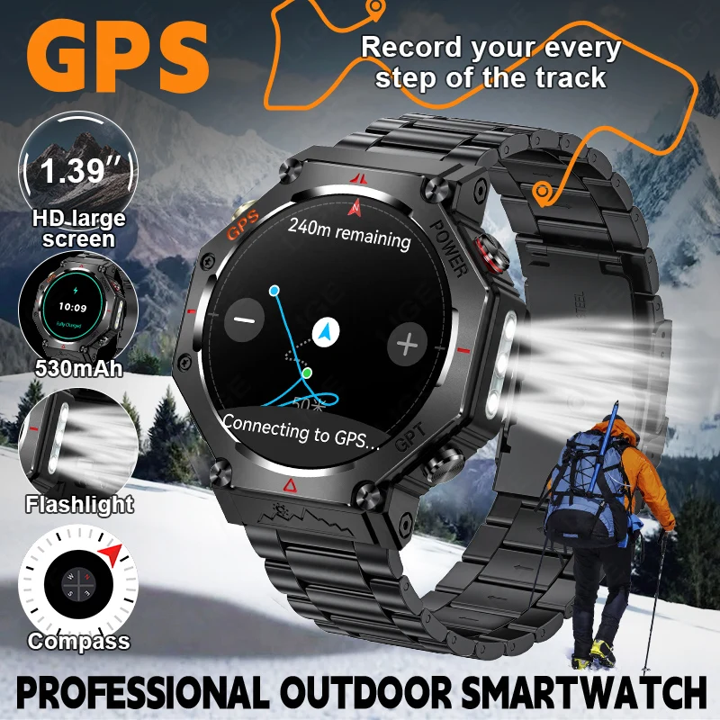 

LIGE Прочные спортивные часы с GPS-отслеживанием дорожки на открытом воздухе, умные часы с фонариком, компасом, 3 атм, водонепроницаемые, Bluetooth, мужские умные часы