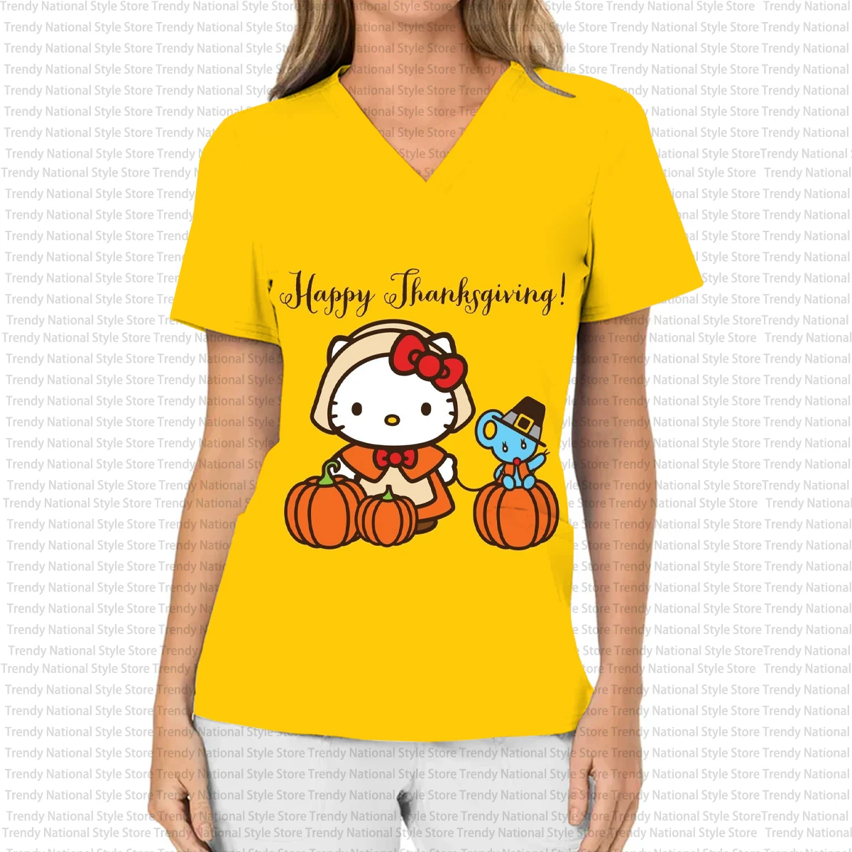 New Summer Scrub Top Halloween Hello Kitty Print Women's V-Neck Short-Sleeved T-Shirt Hospital Dental Pet Shop Nursing Uniform