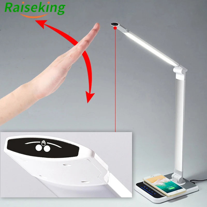 Imagem -03 - Sensor de Varredura Mão qi Wireless Charging Table Lamp Led Desk Light com Carregador sem Fio Cct Brilho Ajustável Auto Timer