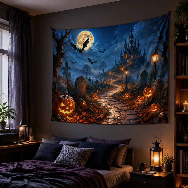 VIKAMA Halloween Gothic Castle Tapestry, Mysterious and Fantastical Printed Wall Hanging, Gothic Bedroom Holiday Decor