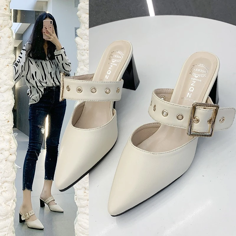 Mule Womens Closed Leather 2024 Baotou Half Slippers Woman Fashion Pointed Toe Slip On Belt Buckle High Heel Retro Shoes