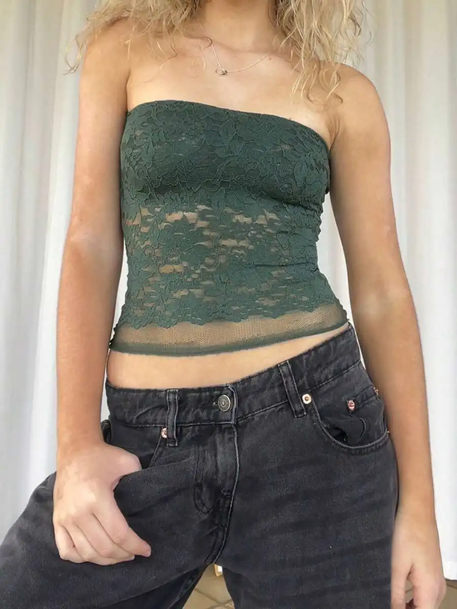 

Women Floral Lace Strapless Bandeau Crop Top Sheer Mesh Sleeveless Tube Top Vintage Aesthetic Streetwear