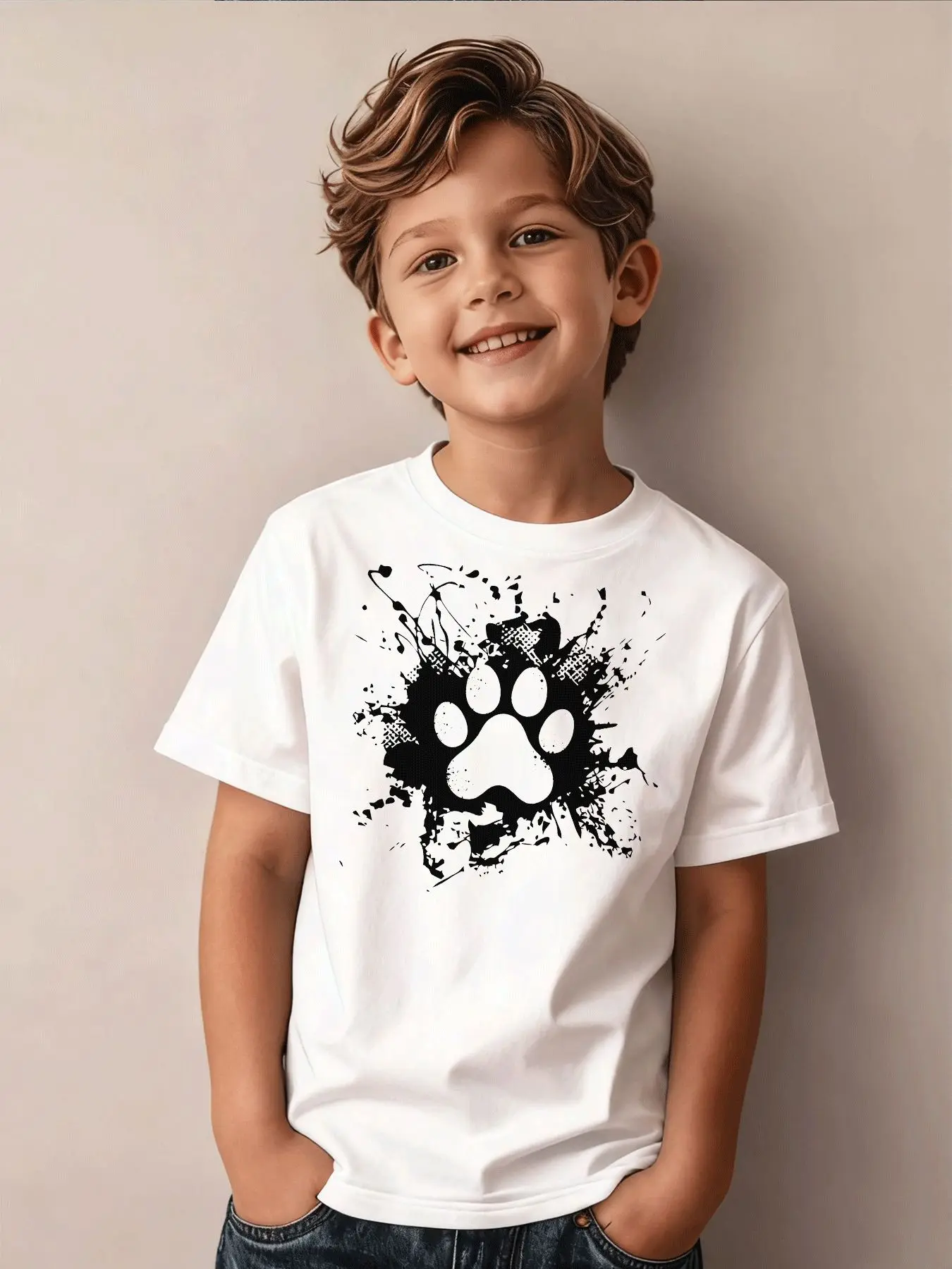 Children's Cotton T-shirt Cute Splash Graffiti Cat Paw Cartoon Print Round Neck Short Sleeved Fashionable Parent-child Top