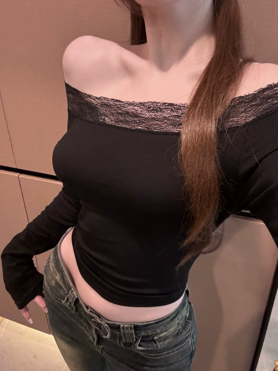 Black White Lace Stitched Slash Neck Crop Top Elegant Sexy Skinny Long Sleeve T Shirts for Women Harajuku Y2k Autumn Tees Basic