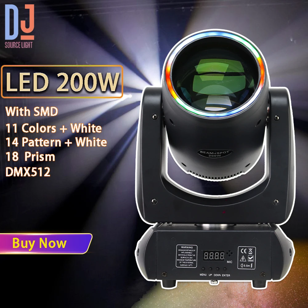 LED Moving Head Light com abertura 18 prisma rotativo, 200W feixe de ponto, DJ Disco Party Club Wedding Stage, efeito de iluminação, DMX512