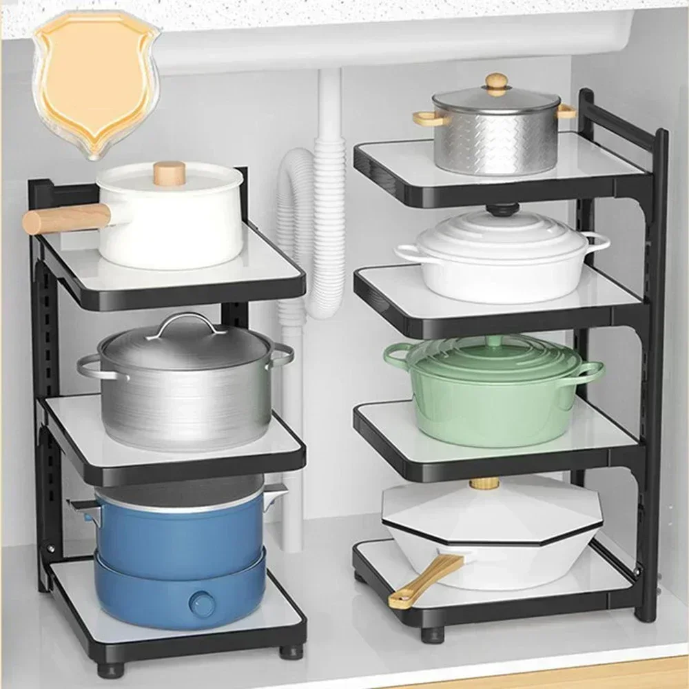 

Multi-layer Pot Rack Adjustable Cabinets Storage Rack Kitchen Under Sink Storage Shelf Layered Corner Closet Organizer Household