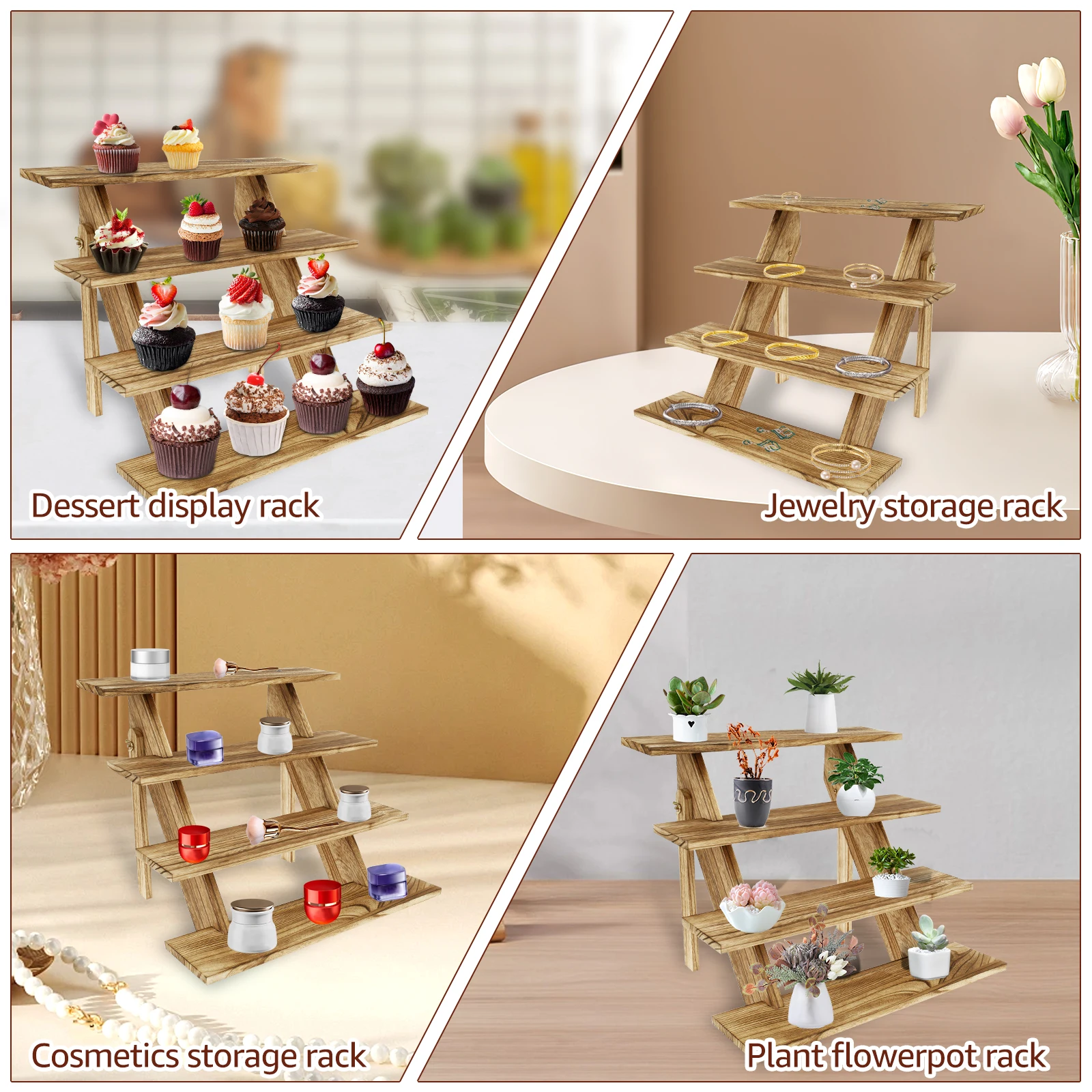 Wooden Step Tiered Cupcake Stand Foldable Tiered Cupcake Display Stand Portable Party Table Stepped Dessert Display Stand 4 Tier