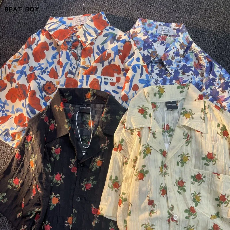 

Rose Scented Vintage Hong Kong Style Lazy Loose Fit Hawaii Flower Men's Shirt Short Sleeve Summer Casual Couple's Outfit