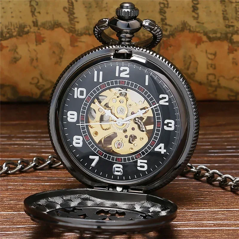 Steampunk Father DAD Design Watches Men's Handwinding Mechanical Half Hunter Pocket Watch Skeleton Clock Pendant Chain Gift