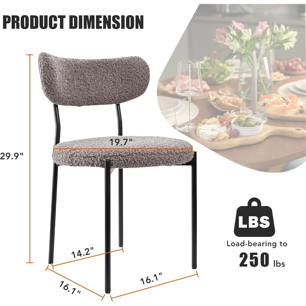 Boucle Dining Chairs,Holiday Chairs, Round Widened Upholstered Chairs, Modern Mid Century Style, Sturdy and Comfy with Black Met