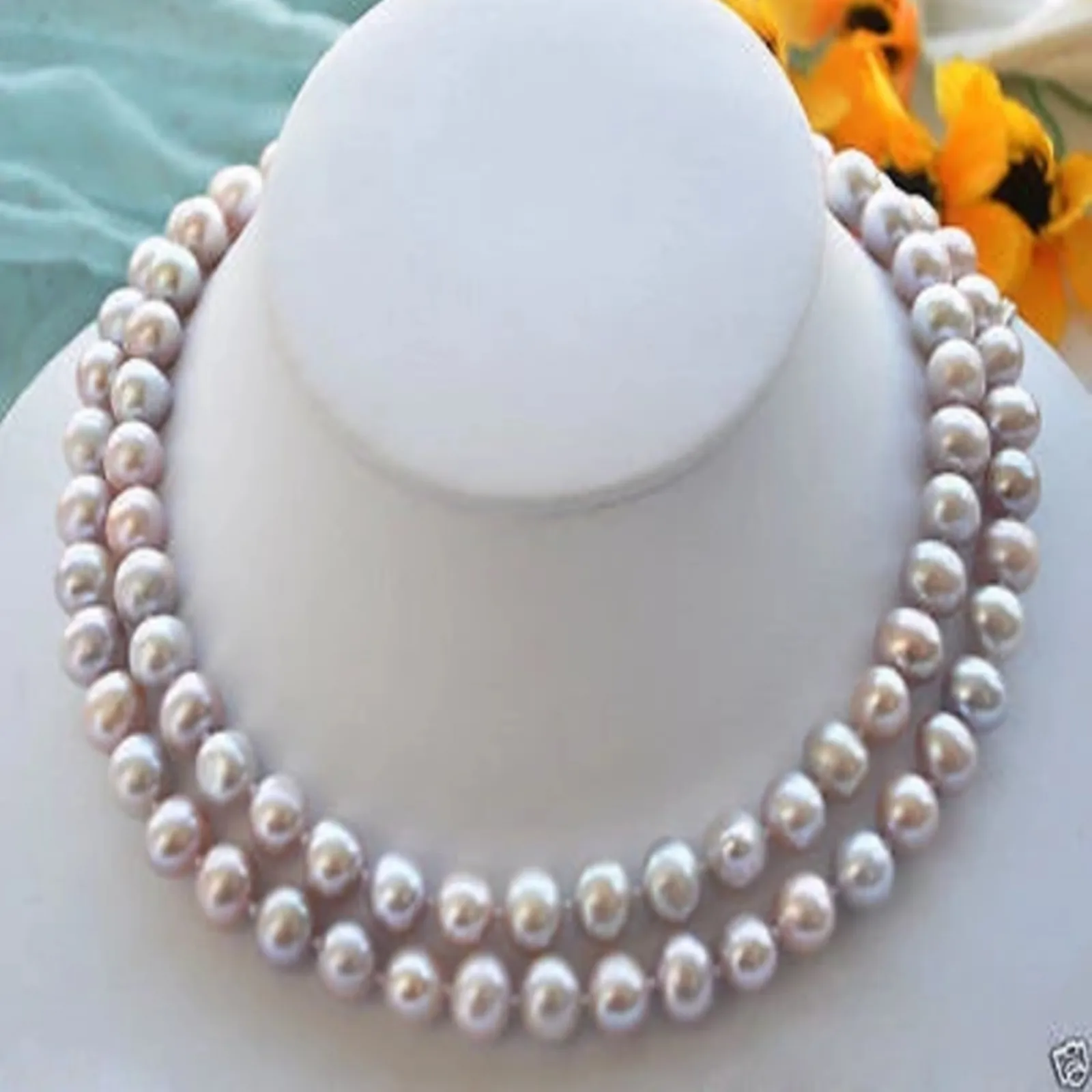 Hand knotted 2 rows necklace natural 7-8mm purple freshwater pearl sweater chain nearly round pearl 17-18inch