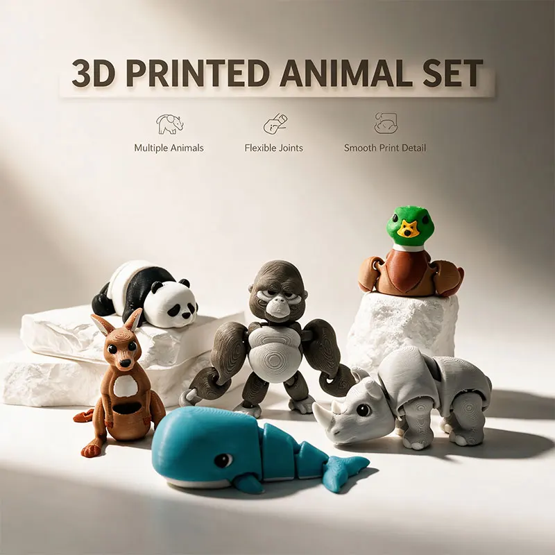 3D Printed Articulated Animal Figures Set Movable Joints - Cute Panda Gorilla Rhino Kangaroo Desk Decorations Pet Home Gift