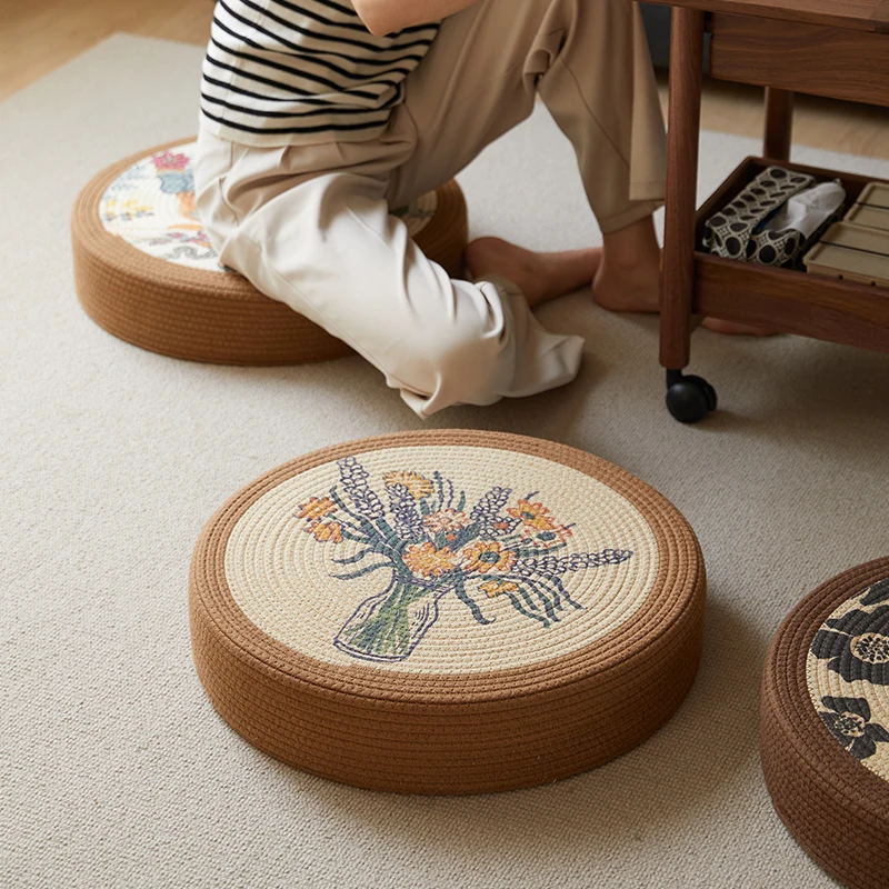 

Round Thick Floor Cushion Large Size Tatami Meditation Pouf Retro Style Household Sitting Mat for Living Room