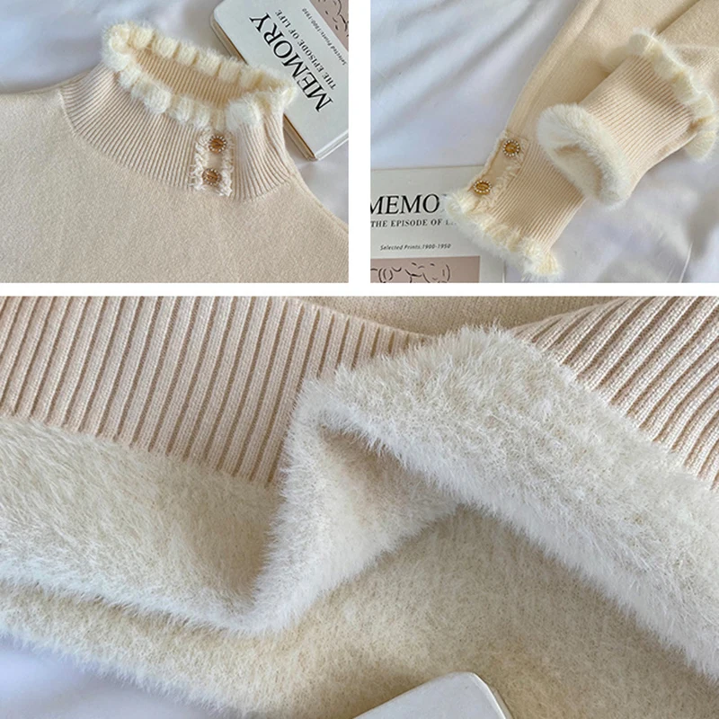 Korean Plush Velvet Winter Sweater Women Sweet Ruffles Half High Collar Knitted Bottoming Pullover 2024 Fall Design Knitwear Top