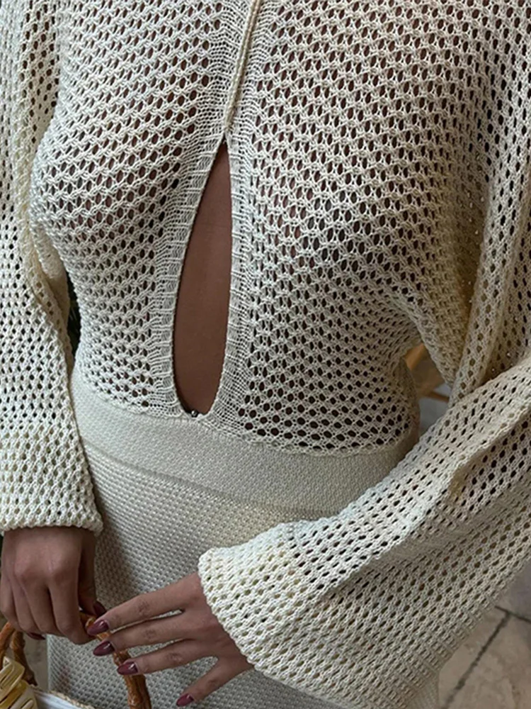 Women sexy Hollow Knitted  Cut Out Bell Long Dress Fashion Full Sleeve High Waist Patchwork Dresses Lady Chic Beach Robes