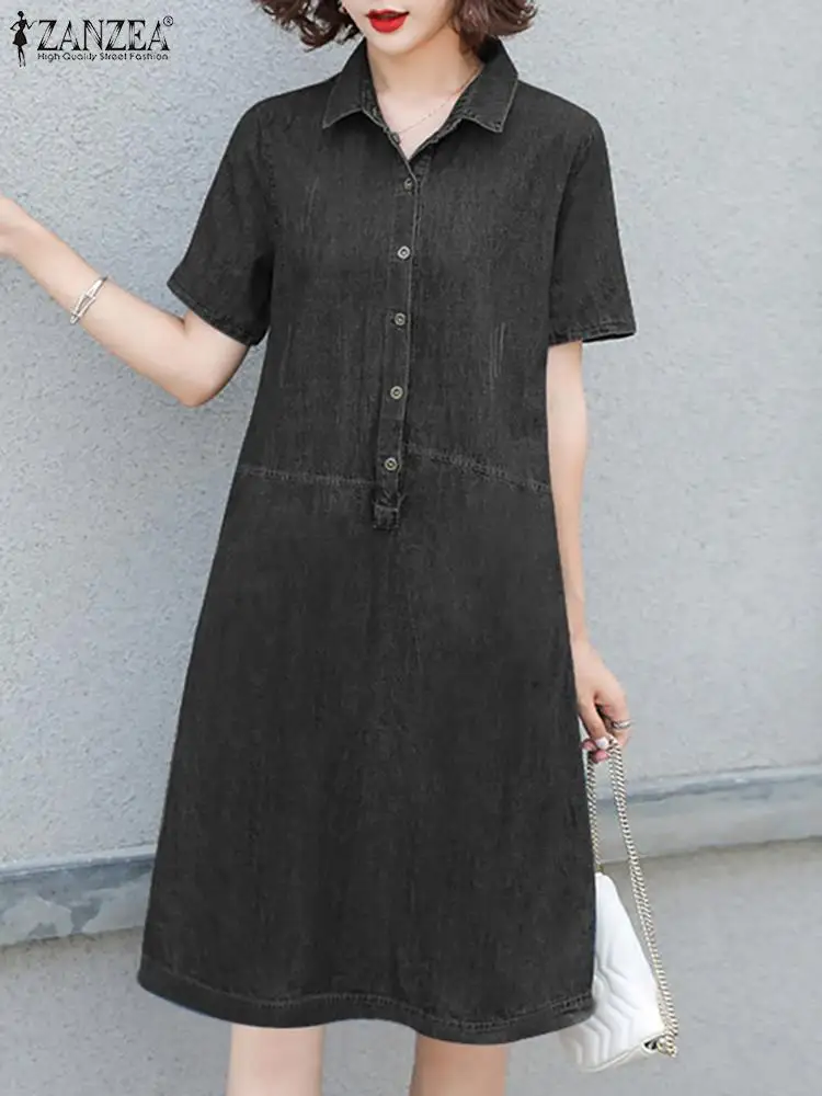 ZANZEA Fashion OL Denim Dress Summer Short Sleeve Lapel Shirtdress Woman Elegant Solid Sundress Female Casual Knee Length Robe