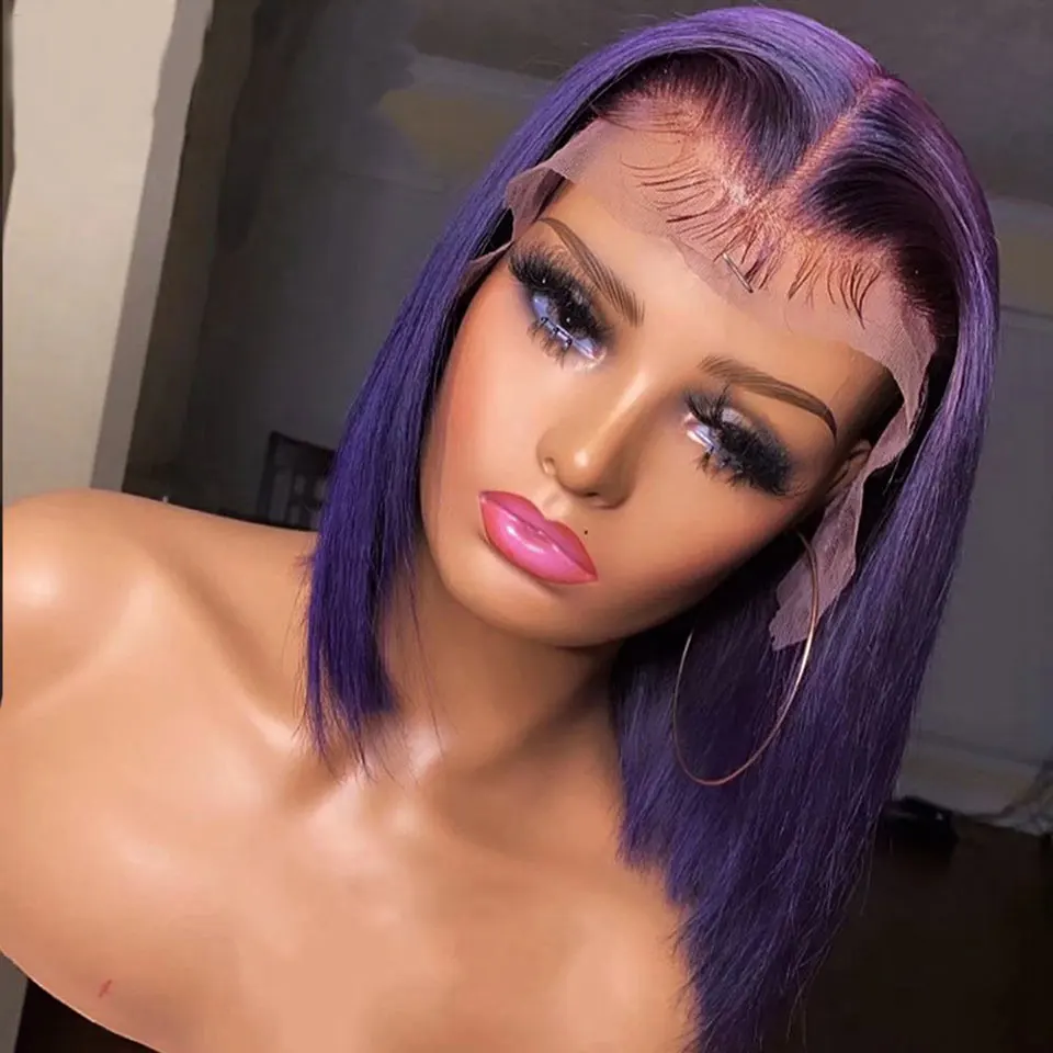 High Quality Brazilian Colored Human Hair Wig Purple Straight Short Bob Cosplay 200 Density 13x4 Transparent Lace Frontal Wigs